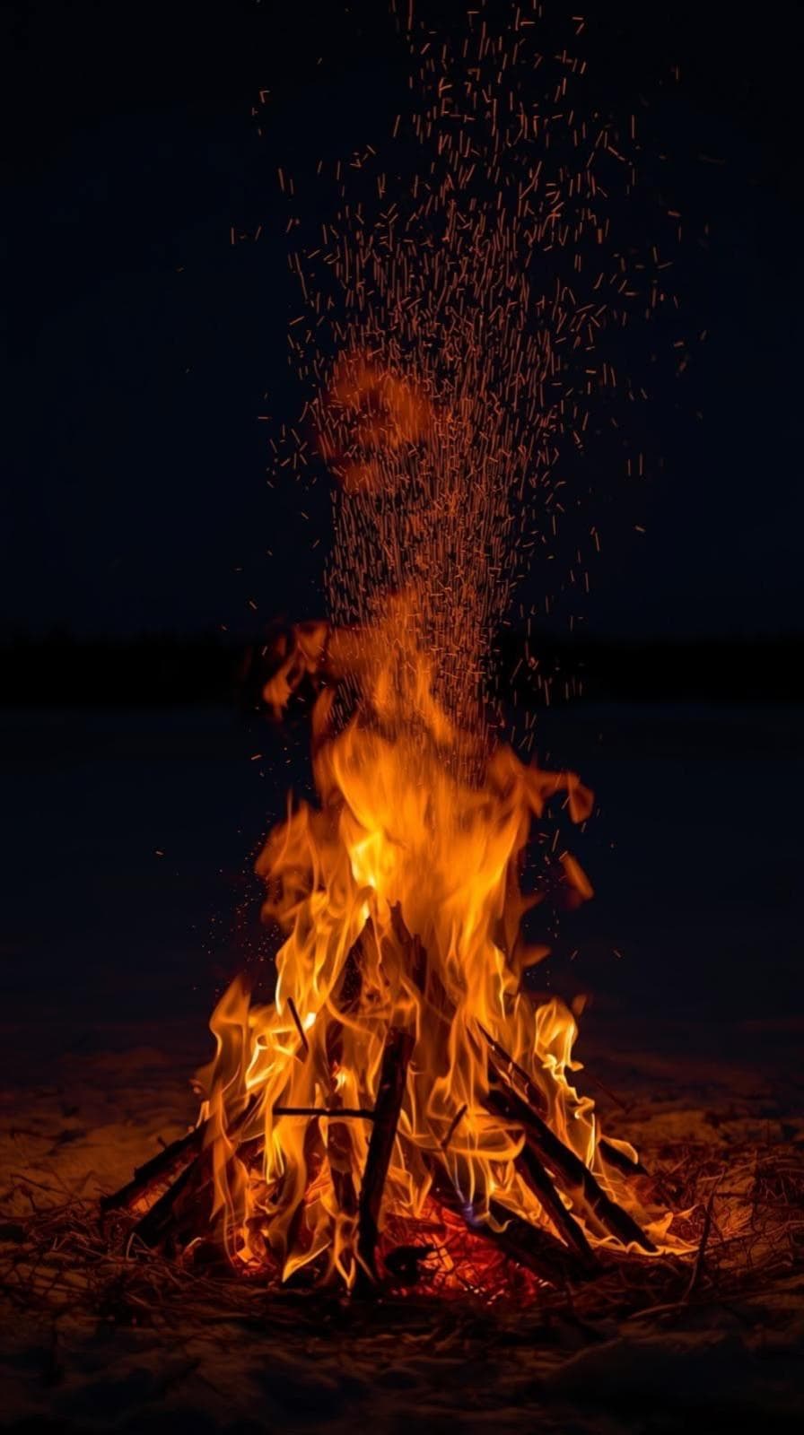 People gathered around a glowing fire at dusk