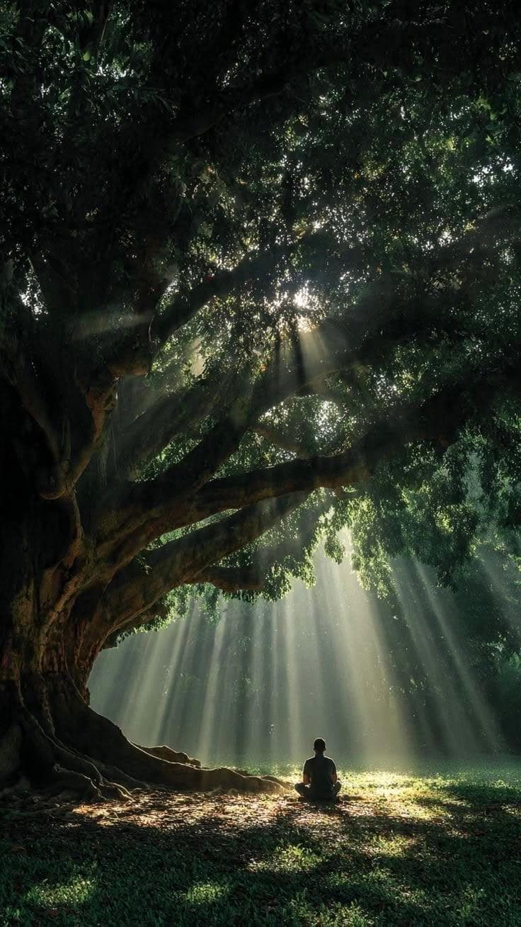 Lush forest canopy with sun filtering through green leaves