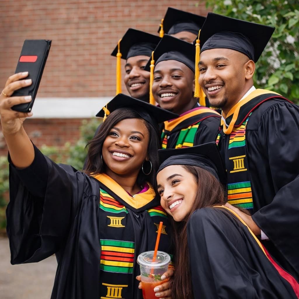 HBCU graduates celebrating together in caps and gowns